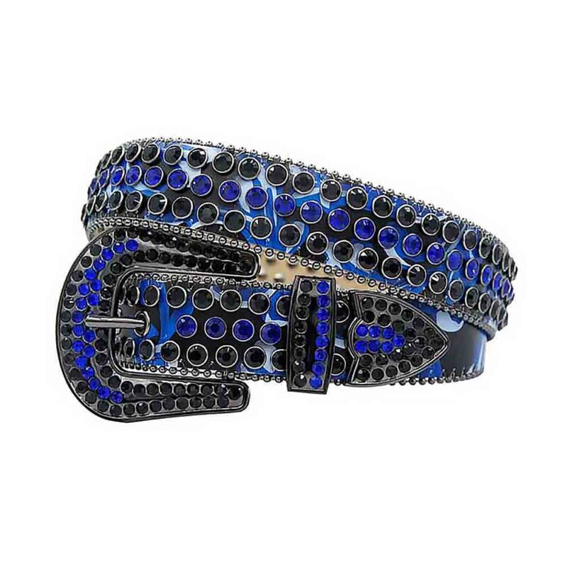 Royal Blue and Black Leather Strap with Royal Blue and Black Diamond Rhinestone Belt