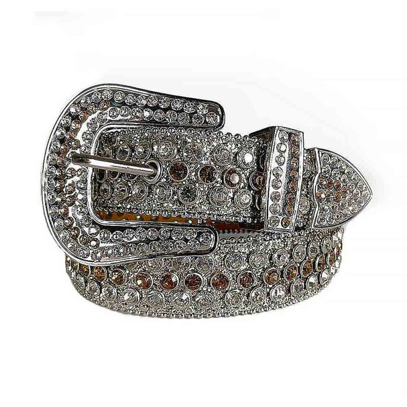 Silver Shimmer Leather Strap BB Belt with Silver and Brown Diamond Rhinestone Belt