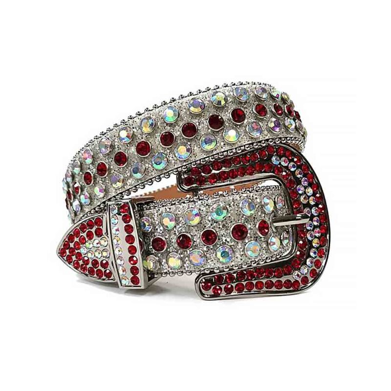 Silver Strap Belt with Red and White Iridescent Color Diamond Embellished Rhinestone Belt