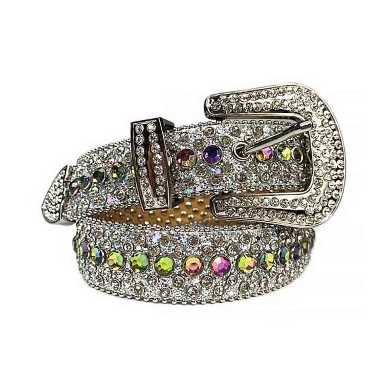 Spring Silver and Multi Color - Silver Strap Belt with Silver & Multi Color Diamond Embellished Rhinestone Belt