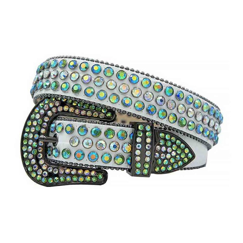 White Leather Strap with Iridescent and Multi Green Rhinestone Belt