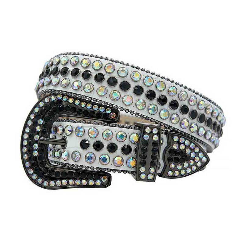 White Leather Strap with Iridescent and Black Rhinestone Belt