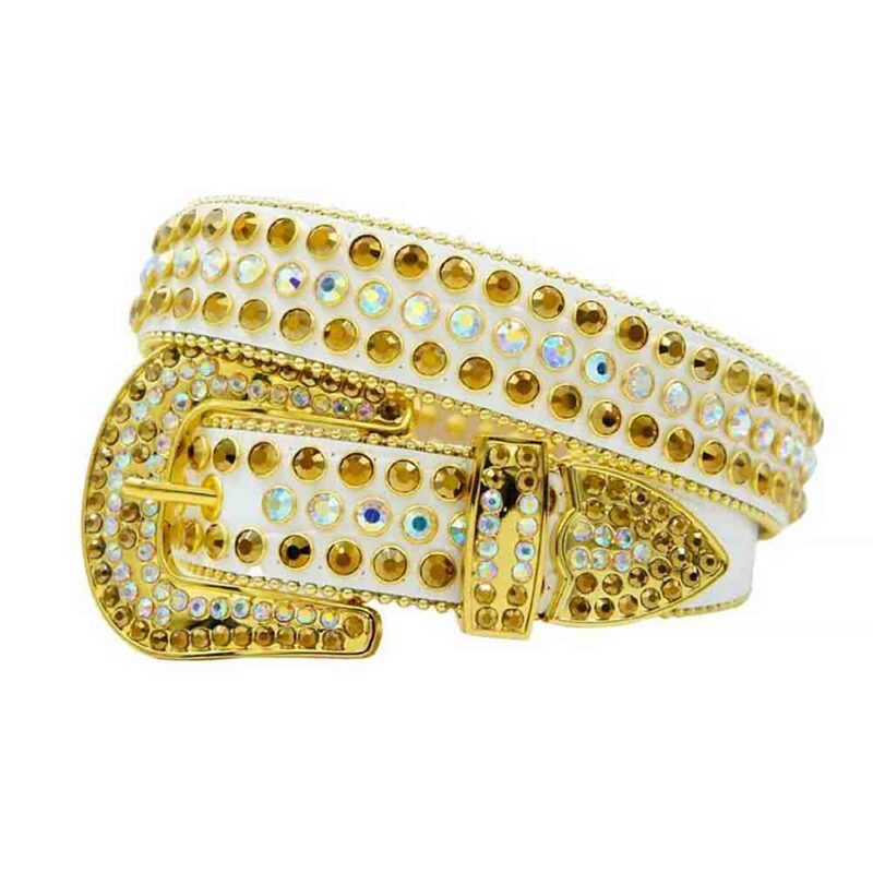 White Leather Strap with Iridescent and Gold Rhinestone Belt