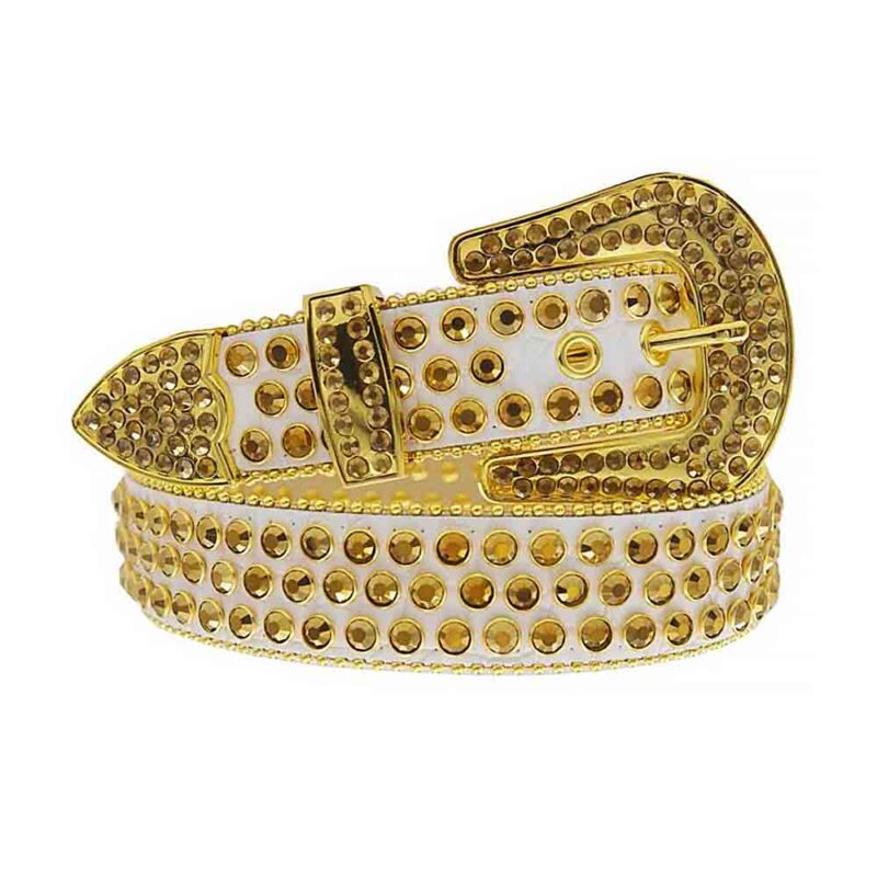 White Leather Strap with Gold Diamond Rhinestone Belt