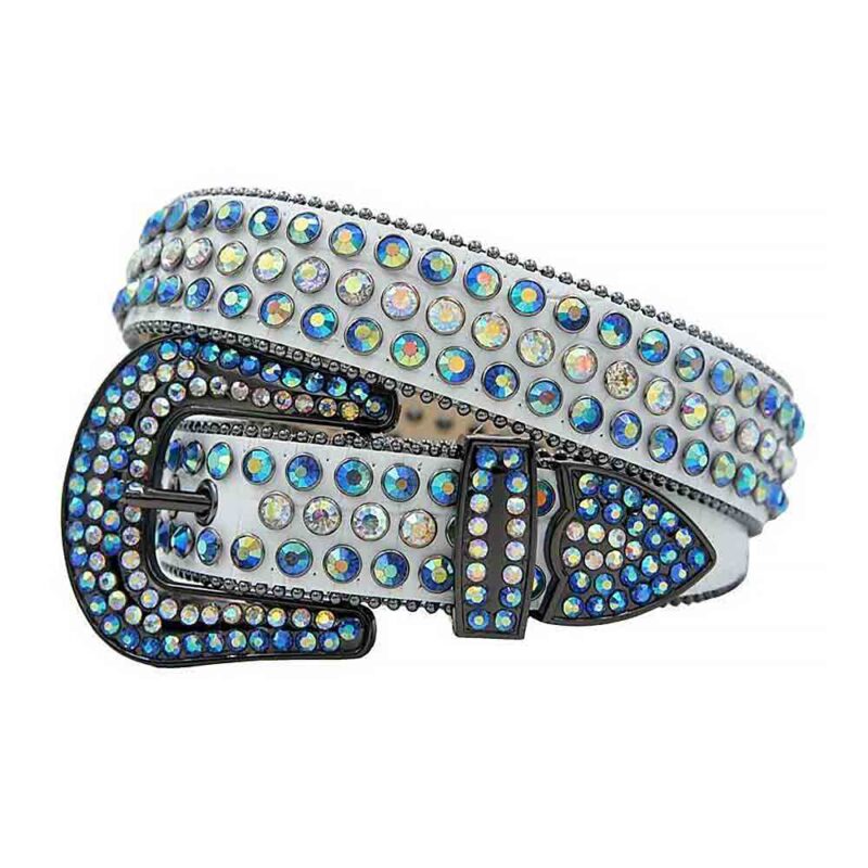 White Leather Strap with Iridescent and Multi Blue Rhinestone Belt