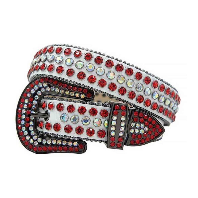 White Leather Strap with Red and Multicolor Rhinestone Belt