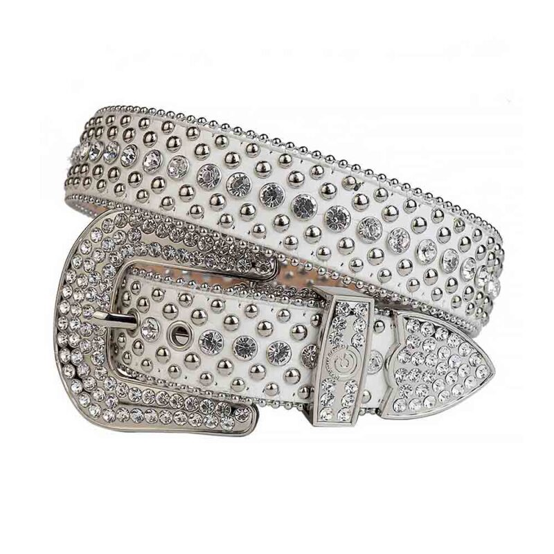 White Leather Strap with Silver Metals Studded and White Rhinestone Belt