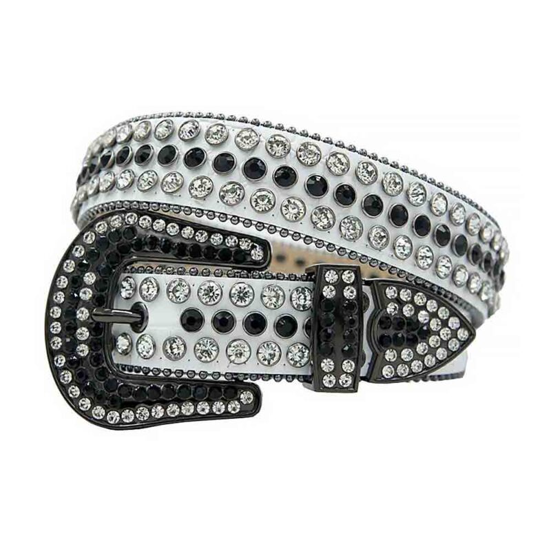 White Leather Strap with White and Black Rhinestone Belt