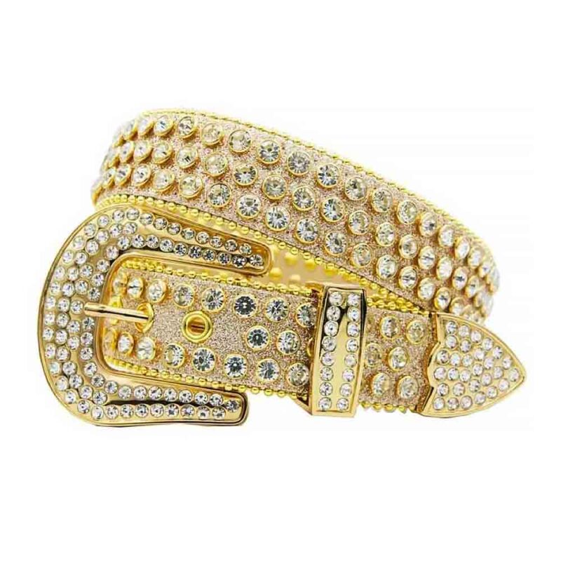 White Shimmer Leather Strap BB Belt with White and Gold Diamond Rhinestone Belt