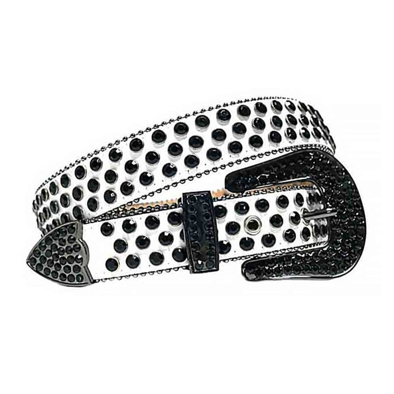 White Strap BB Belt with Black Color Diamond Embellished Rhinestone Belt