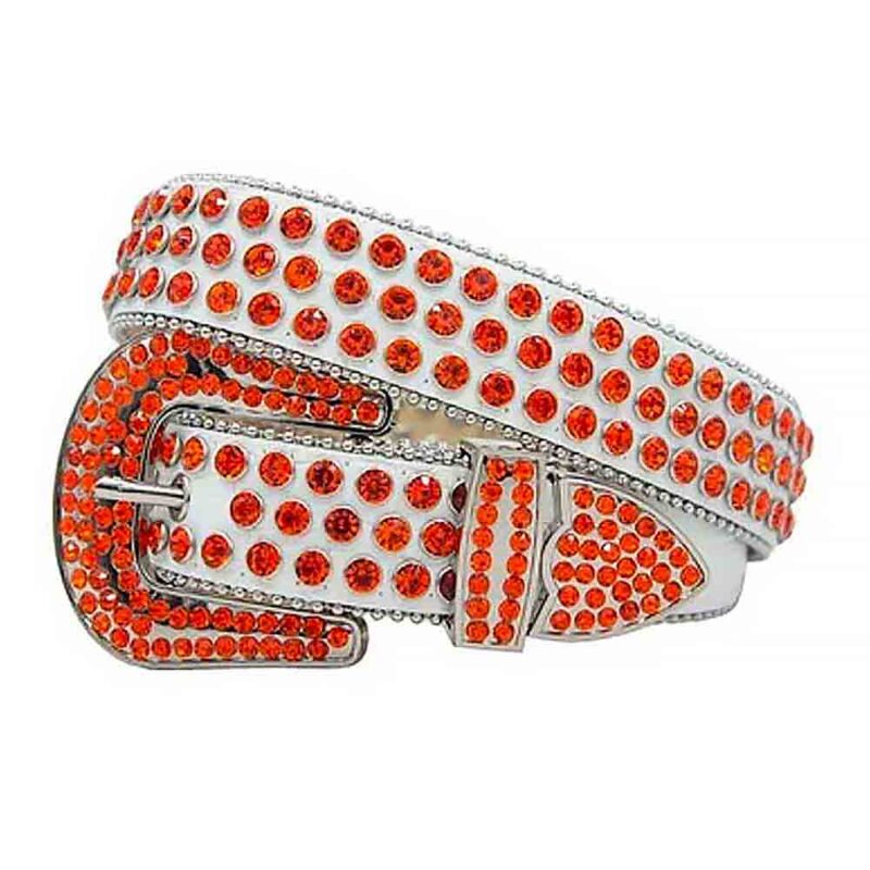 White Leather Strap with Orange Diamond Rhinestone Belt