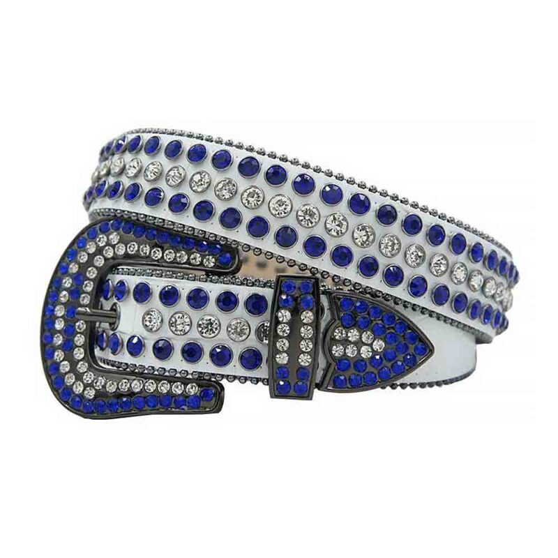 White Leather Strap with White and Blue Rhinestone Belt