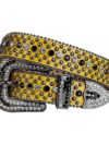 Yellow Leather Strap with Metals Studded Black and White Rhinestone Belt