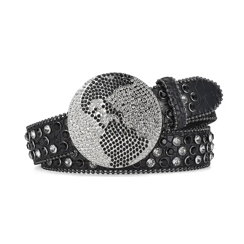 Black and White Globe Leather Strap with White Crystal and Black Studded Rhinestone Belt