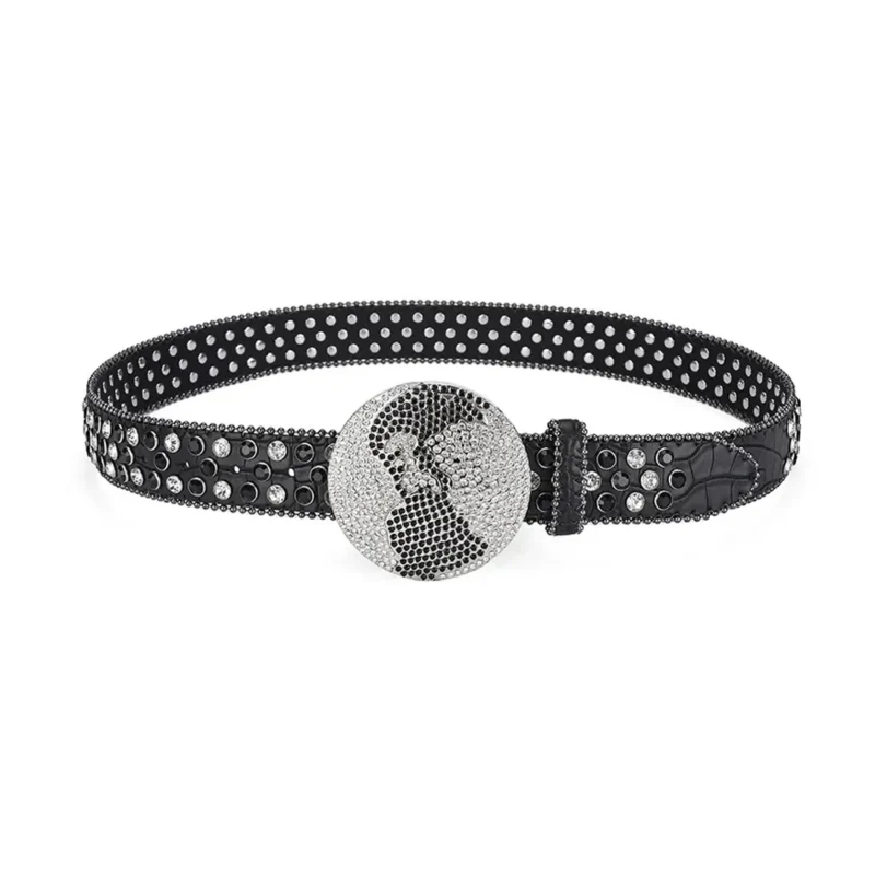 Black and White Globe Leather Strap with White Crystal and Black Studded Rhinestone Belt - Image 2