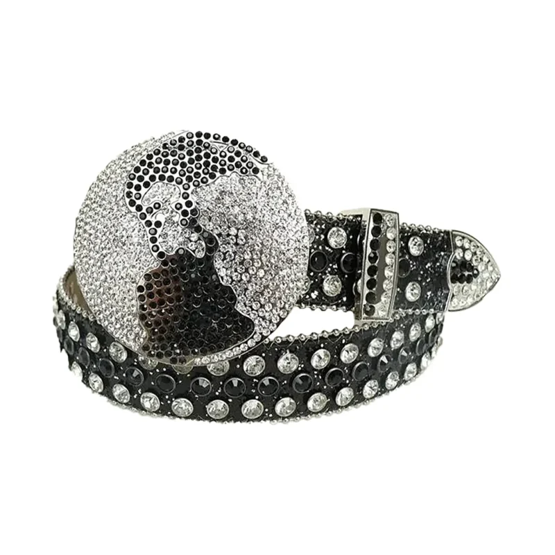 Black and Silver Globe Leather Strap with Big Crystal and Black Studded Rhinestone Belt