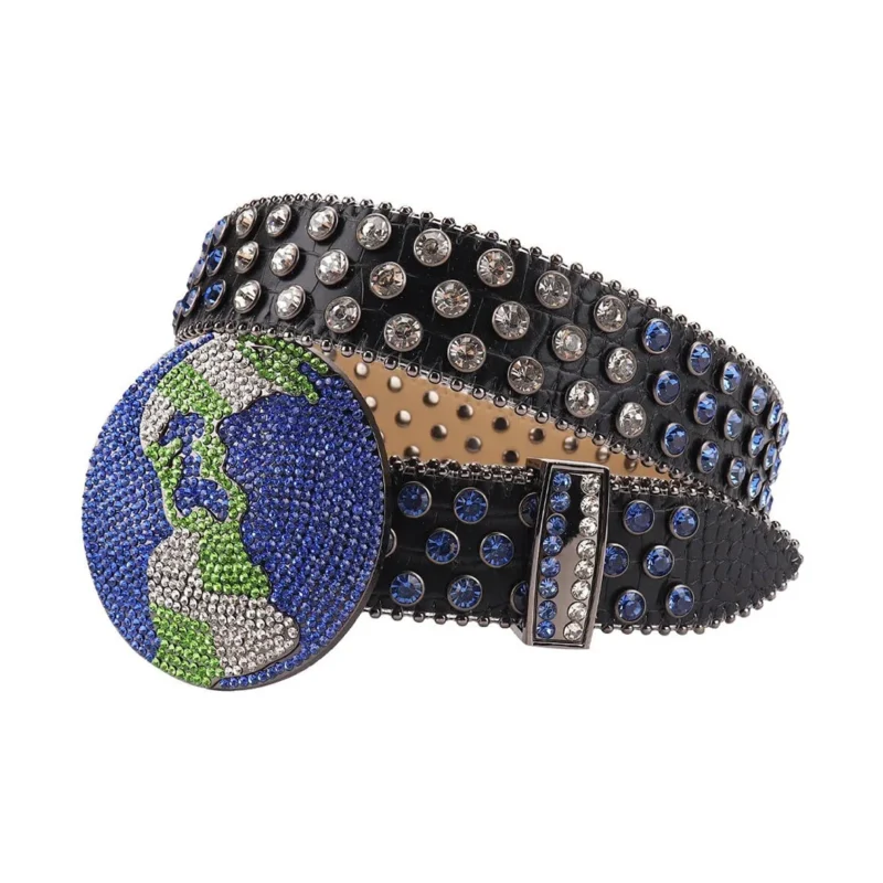 Blue and White Globe Leather Strap with White Crystal and Blue Studded Rhinestone Belt