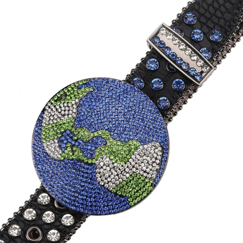 Blue and White Globe Leather Strap with White Crystal and Blue Studded Rhinestone Belt - Image 3