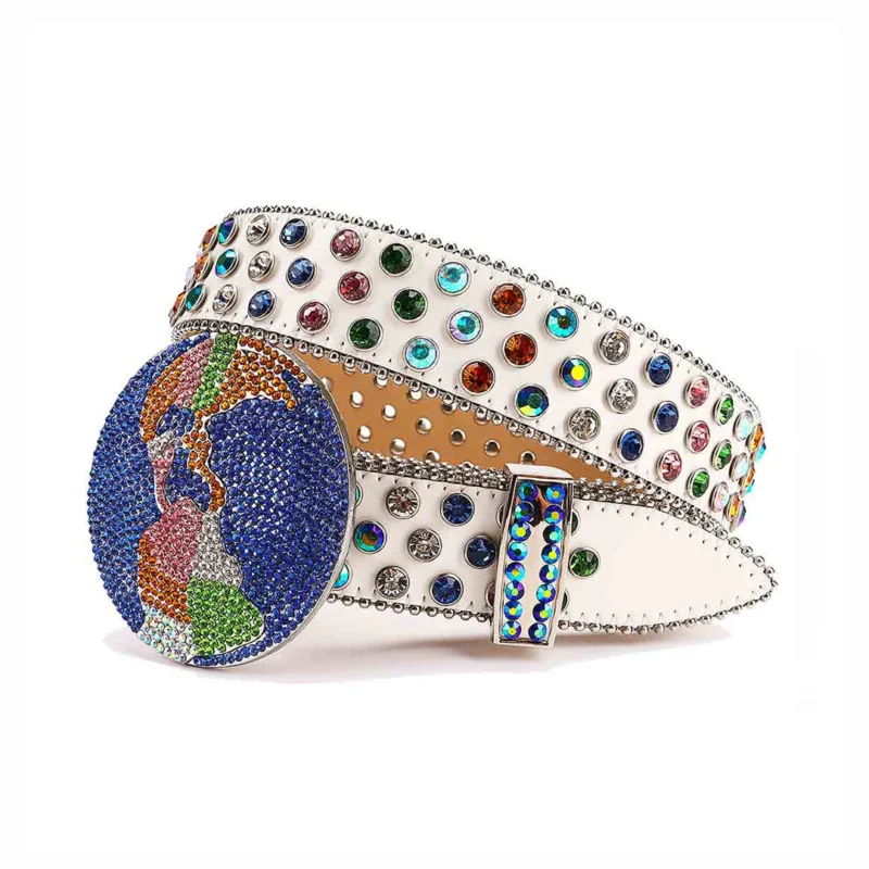 White Globe Leather Strap with Multi Color Studded Rhinestone Belt