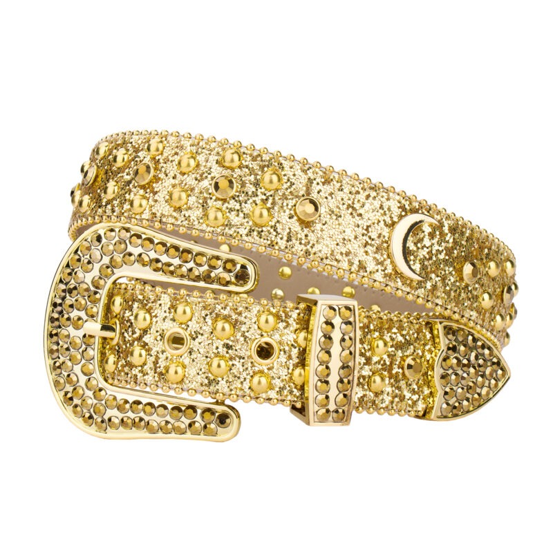 Gold Sequin Leather Strap with Moon Studded All Gold Metal and Rhinestone Belt