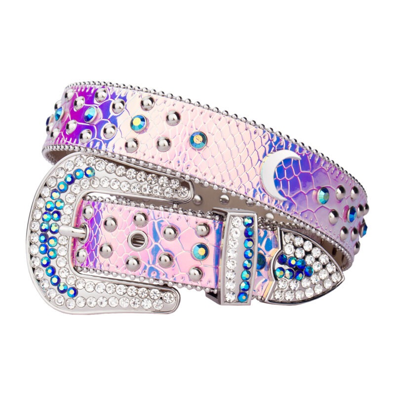 Purple Shiny Leather Strap with Moon Studded All Silver Metal and Purple Rhinestone Belt