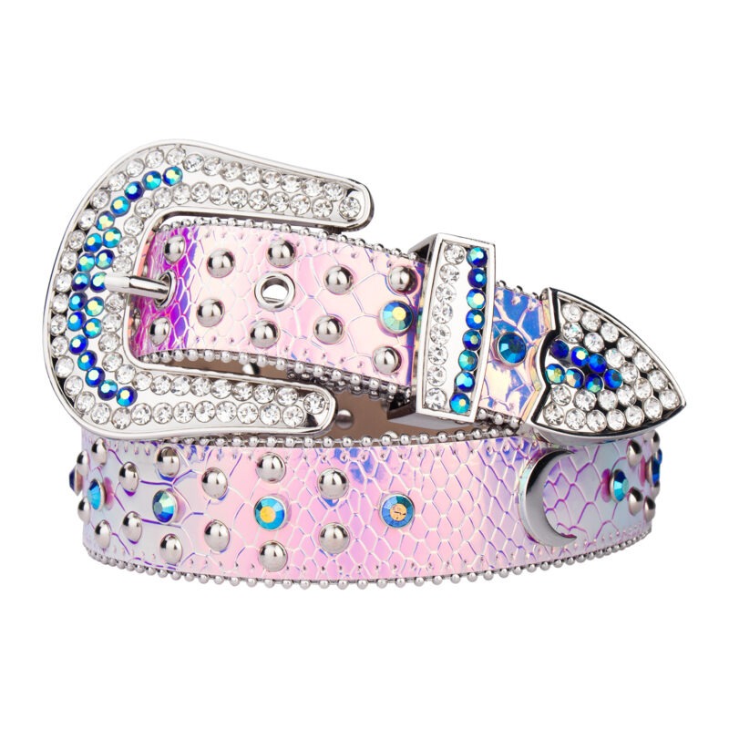 Purple Shiny Leather Strap with Moon Studded All Silver Metal and Purple Rhinestone Belt - Image 2