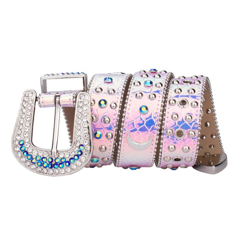 Purple Shiny Leather Strap with Moon Studded All Silver Metal and Purple Rhinestone Belt - Image 3