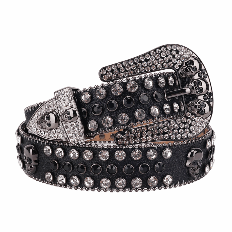 Black Leather Strap with Skulls Studded Black and White Rhinestone Belt