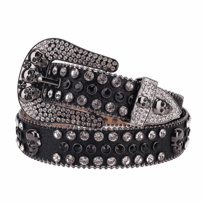 Black Leather Strap with Skulls Studded Black and White Rhinestone Belt - Image 2