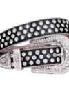 Black Shimmer Leather Strap with Studded White Rhinestone Belt Designer Buckle