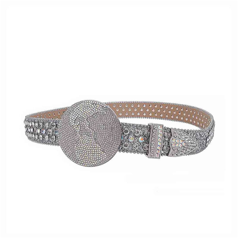 Silver Globe Leather Strap with Multisilver Studded Rhinestone Belt - Image 2